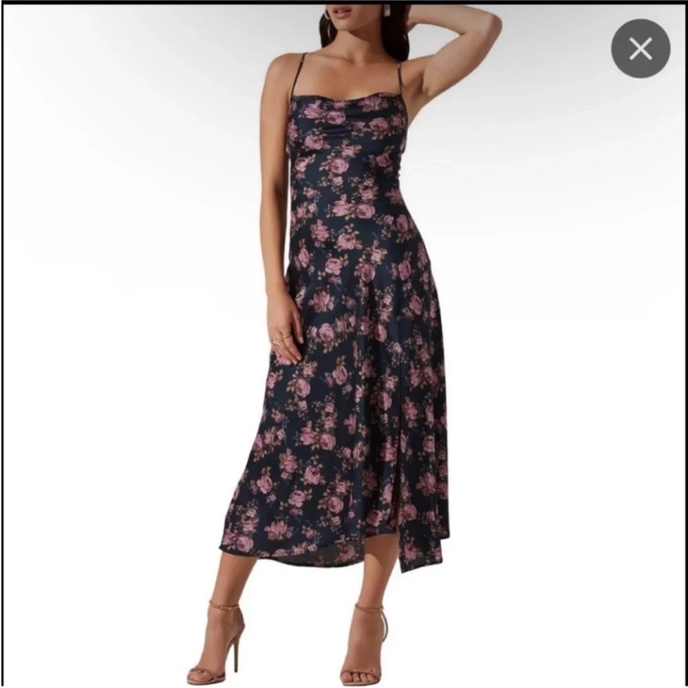 Astr the Label Gaia Navy Floral Satin Midi Dress